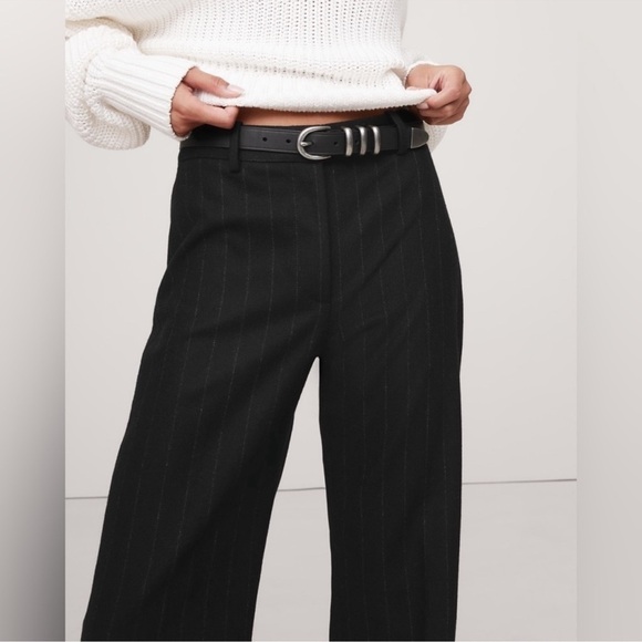 NWT! BANANA REPUBLIC WOMENS BLACK STRIPE HIGH-RISE WIDE-LEG FLARE FLANNEL PANT - Picture 3 of 4